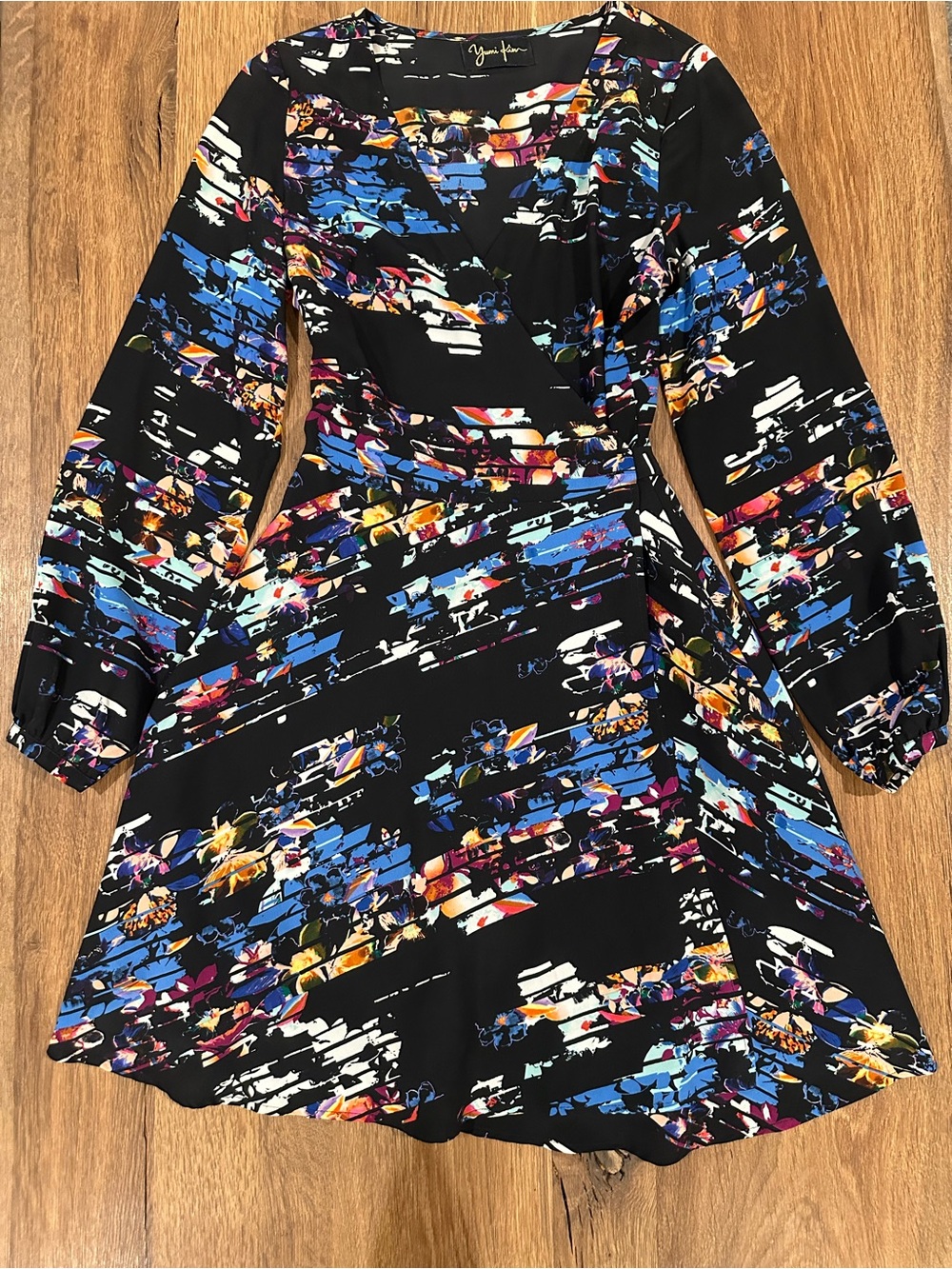 Yumi Kim Black Dress with Blue, Purple & Yellow Abstract Floral Print